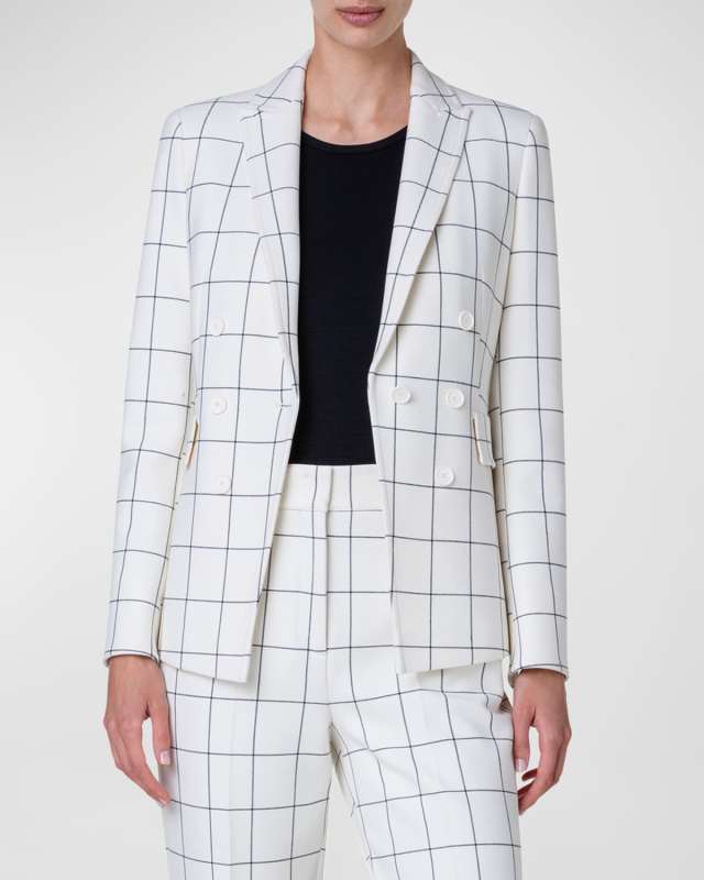 Window Check Pebble Crepe Double-Breasted Illusion Blazer Jacket